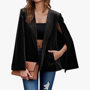 Black Velvet Blazer Cape Jacket - casual split, long sleeve open front coat
